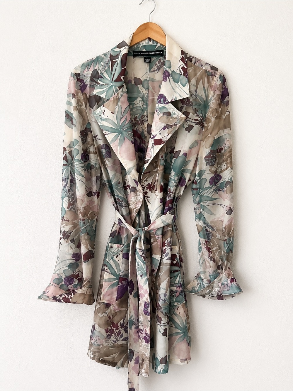 Linda Allard for Ellen Tracy 100% Silk Floral Belted Trench Jacket Duster Small - Picture 2 of 6
